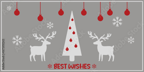 Horizontal Christmas greeting card with gray background, stylized white Christmas tree ornament, reindeer silhouette, snowflakes. Best wishes text, festive winter scene Holiday design for xmas season