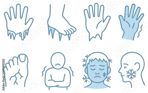 Cold-related symptoms 3d icon set. featuring frostbite, shivering, hands, feet, and face symbols