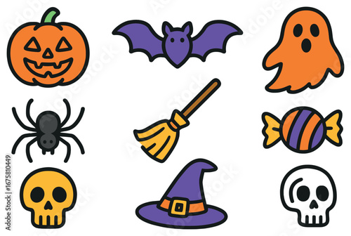 Halloween flat icon set. featuring pumpkin, bat, ghost, spider, broom, candy, hat, and skull icons