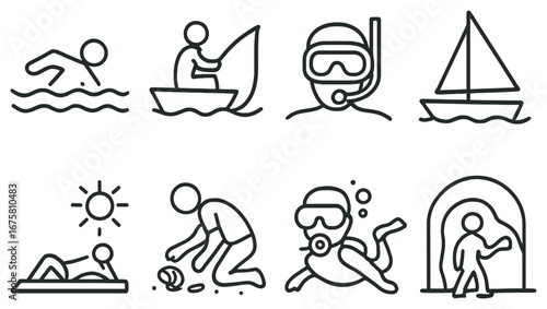 Outdoor activities linear icon set. featuring swimming, fishing, snorkeling, sailing, sunbathing, treasure hunting