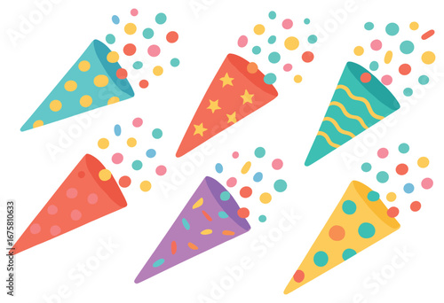 Celebration party flat icon set. featuring confetti, fireworks, balloons, party hats, and streamers