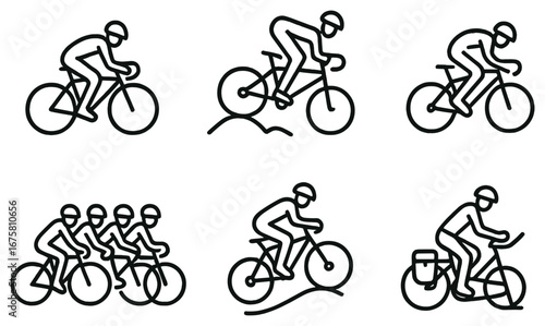 Cycling activities linear icon set. featuring racing, mountain biking, tandem, and touring cyclists