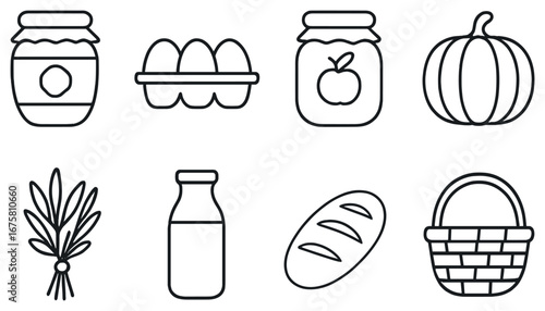 Food and kitchen linear icon set. featuring jam, eggs, pumpkin, wheat, milk, bread, jar, basket