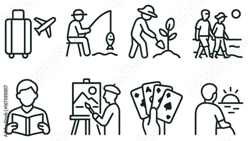 Leisure activities linear icon set. featuring travel, fishing, gardening, walking, reading, painting, playing cards, and sunset symbols
