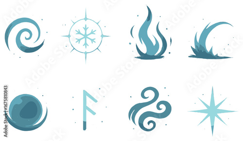 Elemental powers flat icon set. featuring water, ice, fire, earth, moon, rune, air, and star symbols
