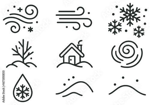 Winter elements linear icon set. featuring snowflake, wind, house, tree, swirl, and droplet symbols
