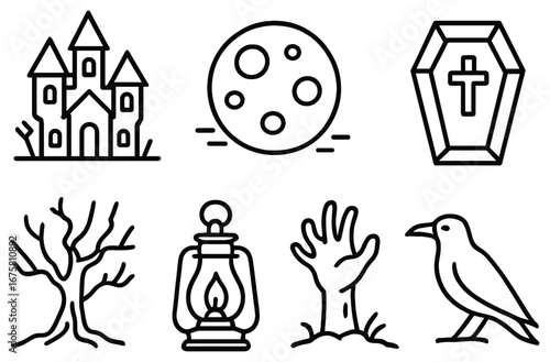 Halloween linear icon set. featuring haunted house, moon, coffin, tree, lantern, hand, crow