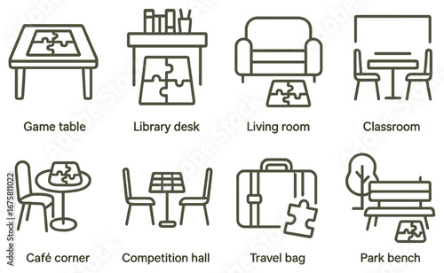 Puzzle furniture linear icon set. featuring game table, library desk, living room, classroom, and more