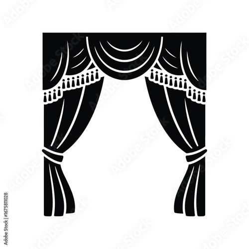 Elegant black and white stage curtains with swag and tassels