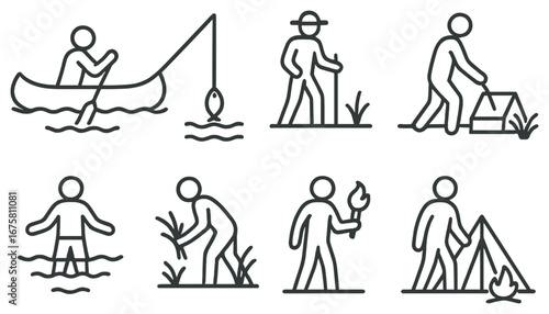Outdoor activities linear icon set. featuring fishing, hiking, camping, swimming, bushcraft, fire starting