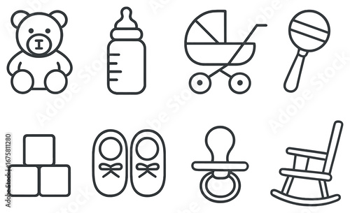 Baby essentials linear icon set. featuring teddy bear, bottle, stroller, rattle, blocks, shoes, pacifier, and rocking chair
