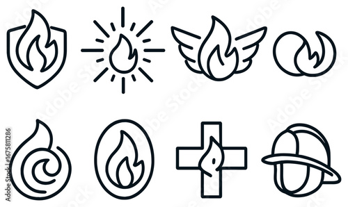 Fire safety linear icon set. featuring shield, flame, wings, circle, swirl, cross, and helmet symbols