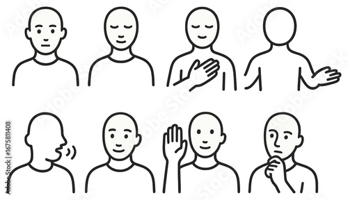 Communication linear icon set. featuring gestures of speaking, thinking, greeting, and pondering