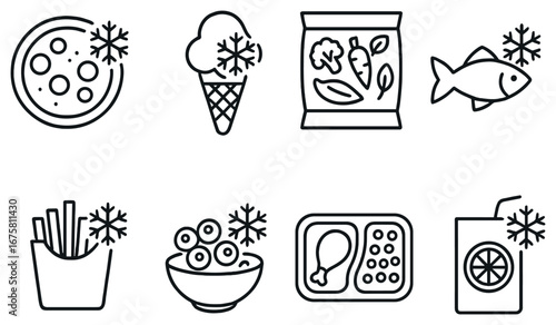 Frozen food linear icon set. featuring pizza, ice cream, vegetables, fish, fries, berries, chicken, juice