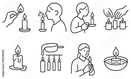 Candle ceremony linear icon set. featuring lighting, blowing, arranging, melting, holding, floating candles
