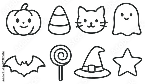 Halloween linear icon set. featuring pumpkin, candy corn, cat, ghost, bat, lollipop, witch hat, star