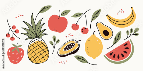 Trendy Minimal Fruits Collection – Tropical Hand Drawn Food Illustrations