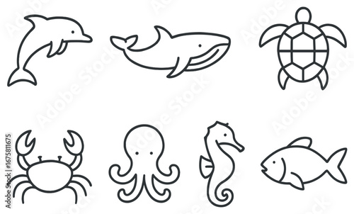 Marine life linear icon set. featuring dolphin, whale, turtle, crab, octopus, seahorse, fish