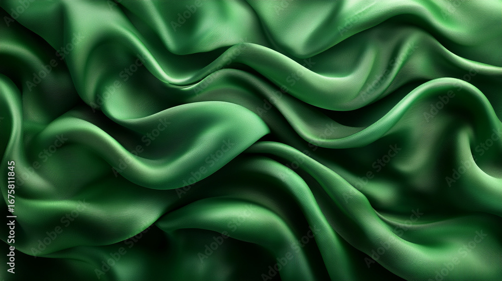 Obraz premium Flowing green satin fabric with draped folds and waves