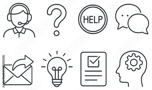 Customer support linear icon set. featuring headset, question mark, help, chat, email, idea, checklist, settings