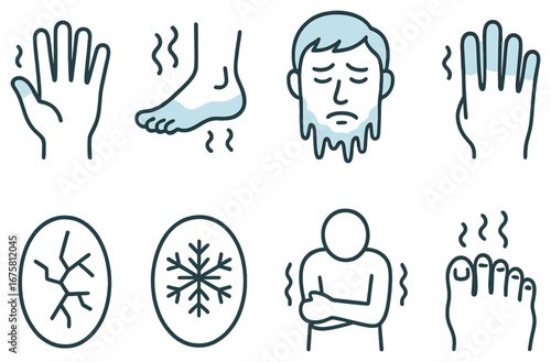 Cold symptoms 3d icons set. featuring hand, foot, face, crack, snowflake, shiver, toes symbols