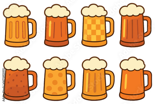 Beer variations flat icon set. featuring lager, ale, stout, pilsner, porter, amber, wheat, and ipa icons