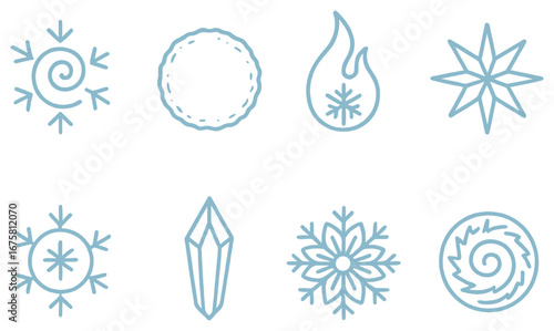 Winter and elemental 3d icon set. featuring snowflake, flame, star, crystal, frost, and spiral designs.