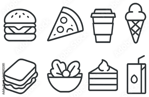Food and drink linear icon set. featuring burger, pizza, coffee, ice cream, sandwich, salad, cake, juice