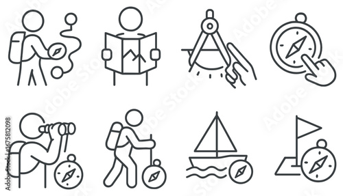 Navigation and exploration linear icon set. featuring map, compass, binoculars, and sailing symbols