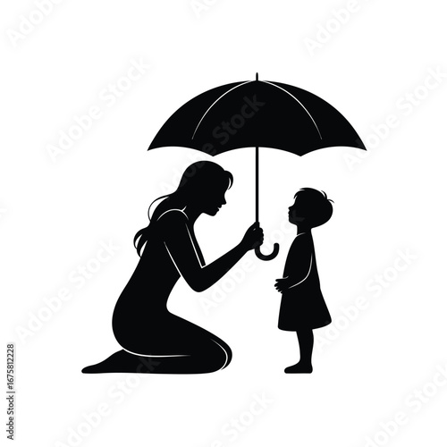Mother shielding child with umbrella in protective embrace