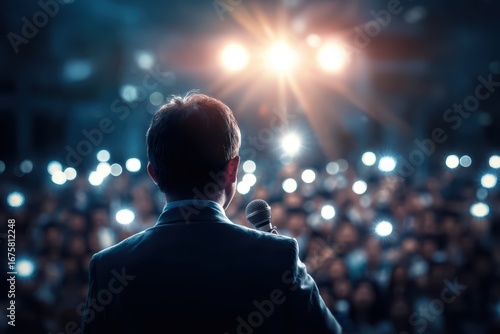 Formal male speaker delivering presentation on stage with microphone, spotlight, and engaged audience. Public speaking, leadership, and event communication concepts.