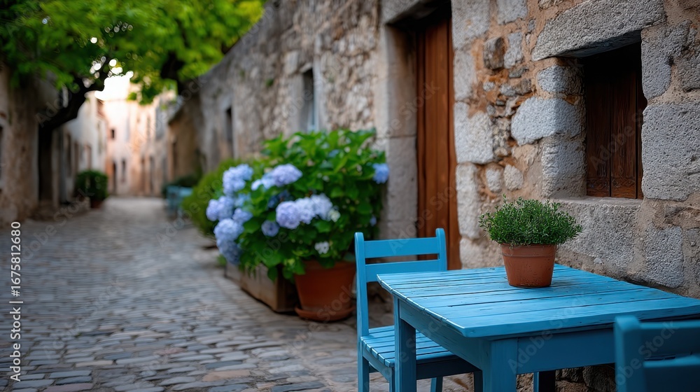 Naklejka premium Serene Street Cafe: A picturesque stone street in a charming village scene, featuring a vibrant blue cafe table adorned with potted plants, invoking a sense of tranquil ambiance.