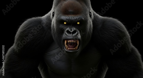Intense Gorilla with Glowing Eyes and Open Mouth on Black Background.