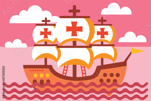 Santa Maria Caravel Illustration – Sailing Ship Floating on Water