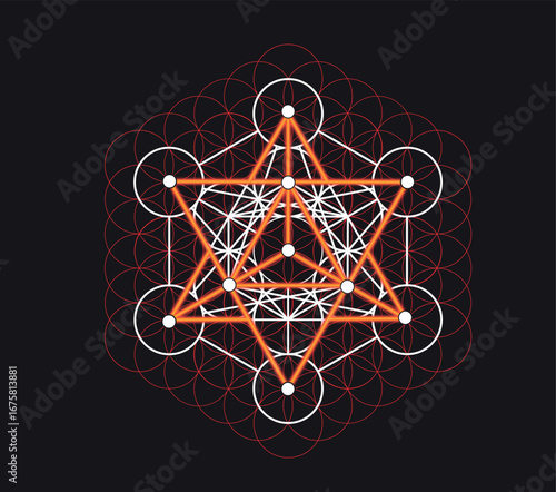 Sacred geometry metatron's cube with orange accents on a dark background