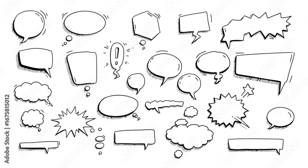 Fototapeta premium Hand-drawn speech bubbles collection in black and white minimalist style