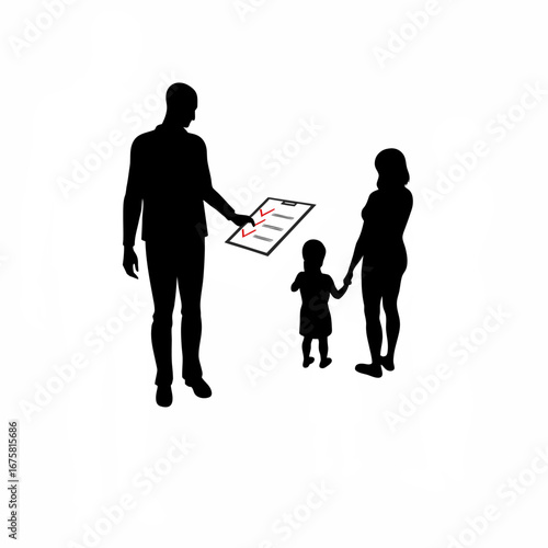 Adoption counselor guiding parents with checklist silhouette isolated on white background