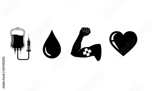 Black vector icons: an IV blood bag, a blood drop, a strong flexed arm, and a heart. Essential symbols of health, life, strength, and blood donation on white.