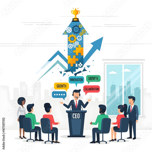 CEO presenting to a diverse team, with an arrow composed of gears and puzzle pieces pointing to a trophy, symbolizing growth and collaboration.