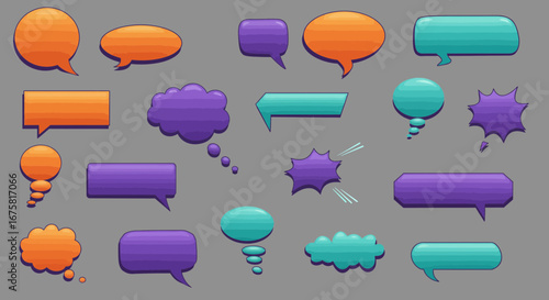 Illustration featuring a collection of colorful cartoon style speech bubbles and thought balloons