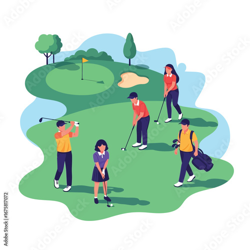A group of people playing golf on a green course, enjoying the sport.