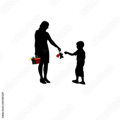 Silhouette of adoption counselor giving toys to child isolated on white background