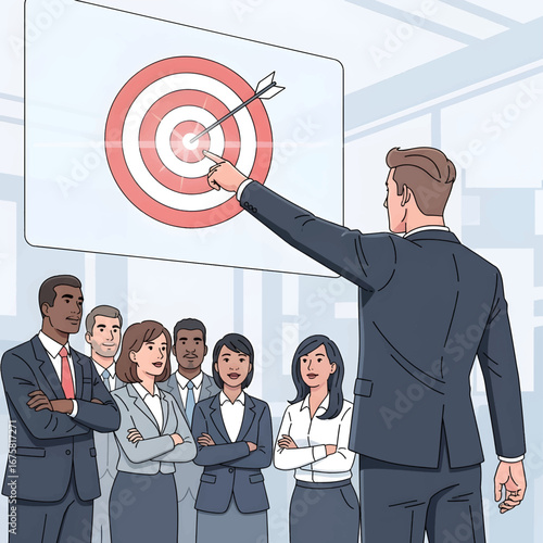 A businessman presents a target with an arrow in the bullseye to a diverse group of colleagues in a modern office setting.