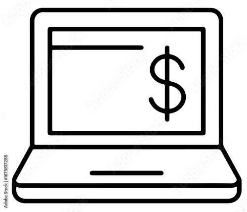Online payment laptop with dollar outline, fintech line art icon