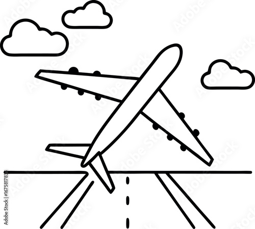 Airplane landing on runway with clouds in the sky outline vector illustration for travel and transportation themes minimal design and airport concepts