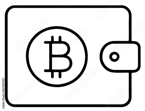Cryptocurrency wallet with Bitcoin symbol outline, fintech line art icon