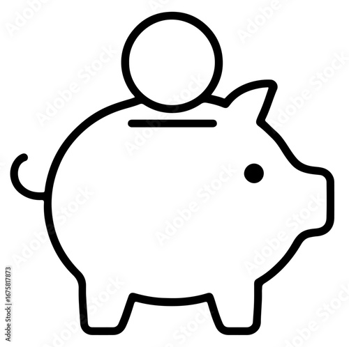 Piggy bank with coin outline, personal savings finance line art icon