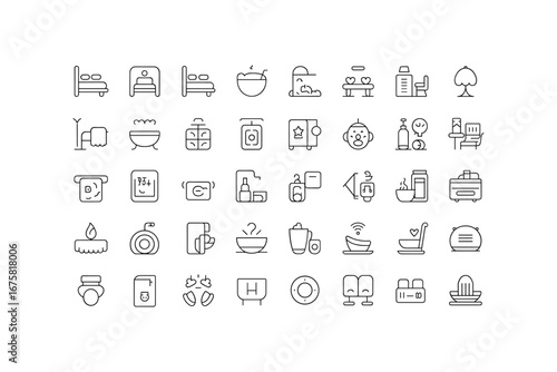 Collection of hand-drawn coffee and tea related icons showing cafeteria and beverage elements white background