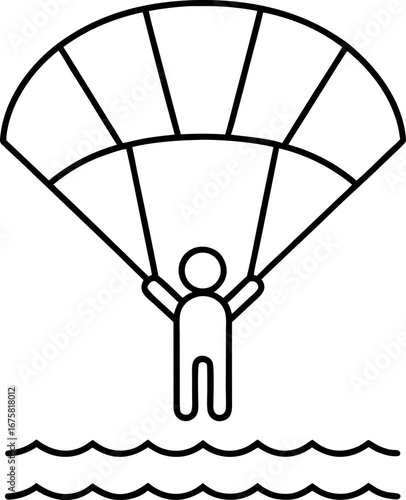 Black and white Parachuting icon over the ocean waves graphic illustration featuring an athletic activity and an outdoor adventure sport
