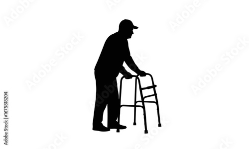Elderly man with a walker moving forward with determination